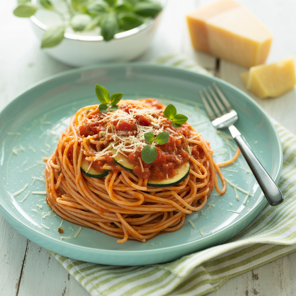 SPAGHETTI MIT TOMATEN ZUCCHINI SOẞE & PARMESAN