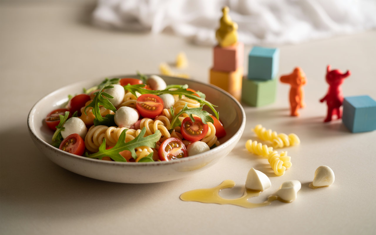 NUDELSALAT MIT TOMATE MOZZARELLA UND RUCOLA
