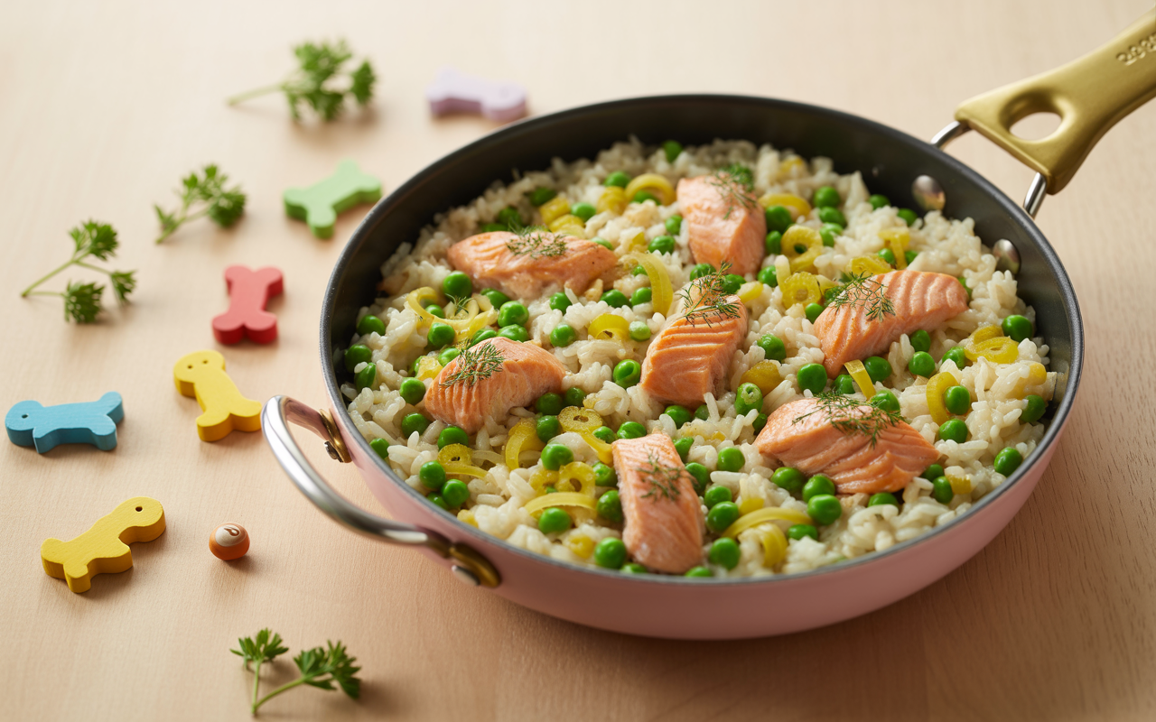 REISPFANNE MIT LACHS UND ERBSEN