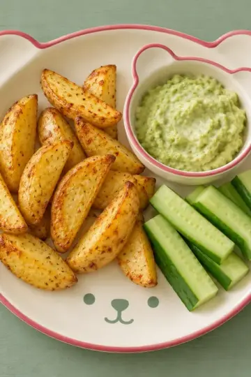 Kartoffelspalten mit Avocado-Dip und Gurkensticks auf cremefarbenem Keramikgeschirr mit himbeerfarbenem Rand auf salbeifarbenem Holz.