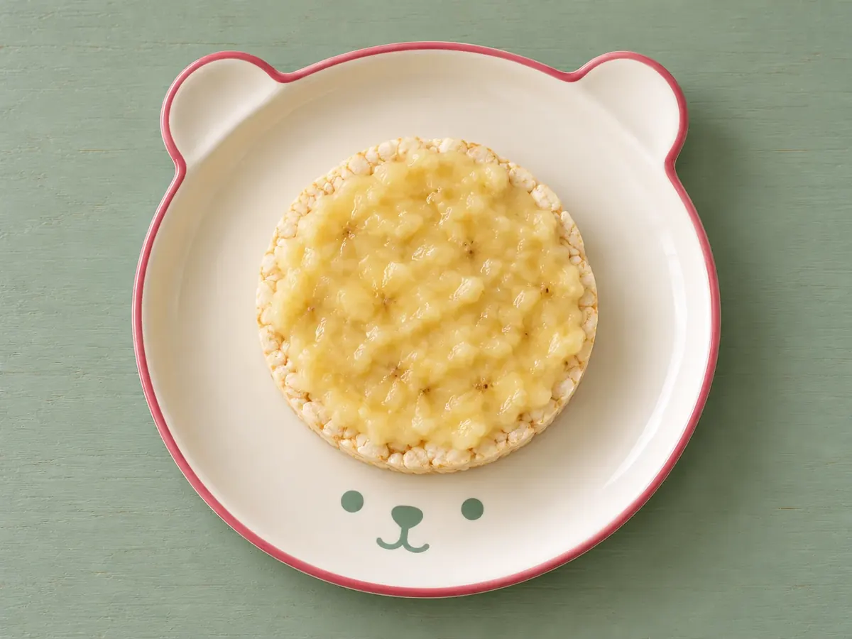 Reiswaffel mit Banane auf cremefarbenem Keramikgeschirr mit himbeerfarbenem Rand auf salbeifarbenem Holz.
