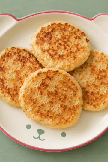 Bananen-Pancakes auf cremefarbenem Keramikgeschirr mit himbeerfarbenem Rand auf salbeifarbenem Holz.