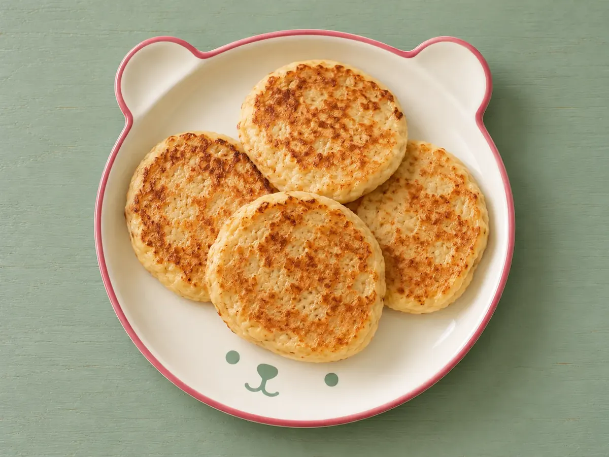 Bananen-Pancakes auf cremefarbenem Keramikgeschirr mit himbeerfarbenem Rand auf salbeifarbenem Holz.