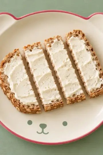 Brot mit Frischkäse auf cremefarbenem Keramikgeschirr mit himbeerfarbenem Rand auf salbeifarbenem Holz.