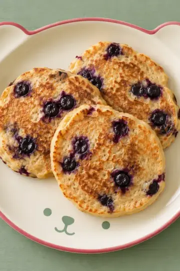 Pancakes mit Heidelbeeren auf cremefarbenem Keramikgeschirr mit himbeerfarbenem Rand auf salbeifarbenem Holz.