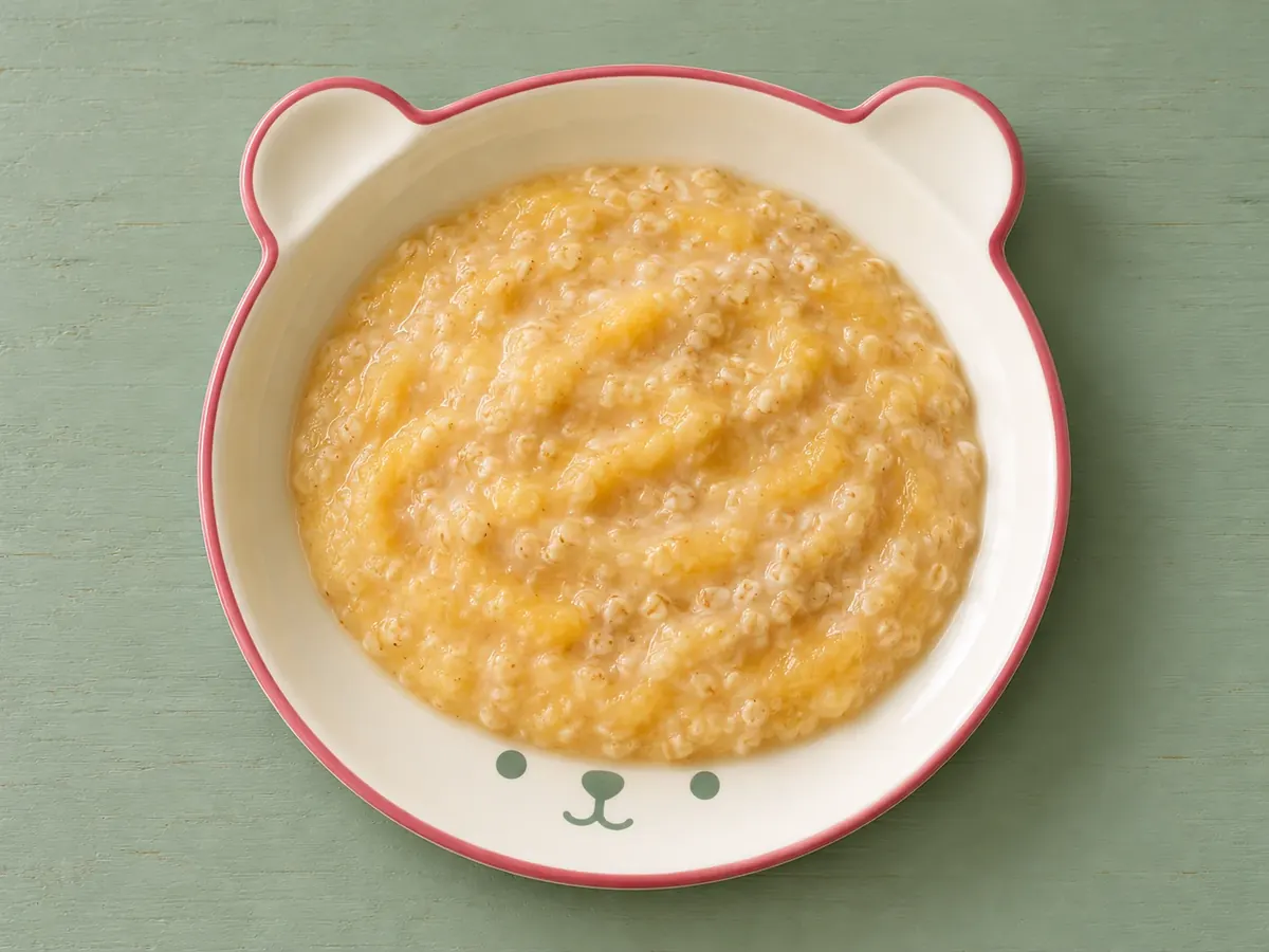 Dinkelporridge mit Pfirsichpüree auf cremefarbenem Keramikgeschirr mit himbeerfarbenem Rand auf salbeifarbenem Holz.