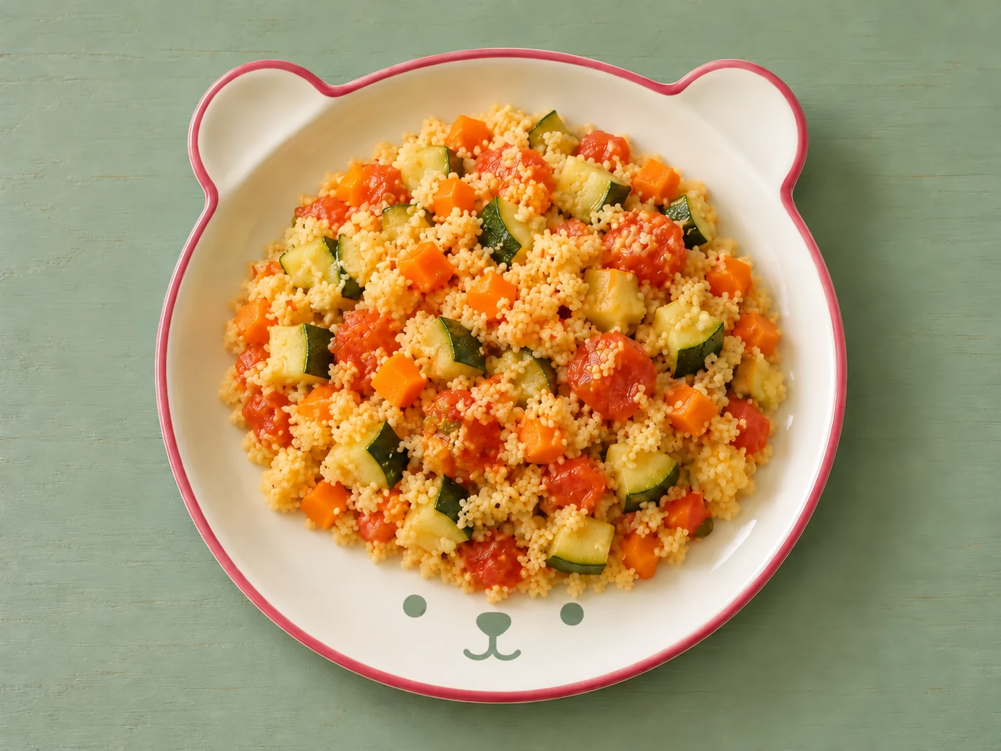 Couscous mit Gemüse auf cremefarbenem Keramikgeschirr mit himbeerfarbenem Rand auf salbeifarbenem Holz.