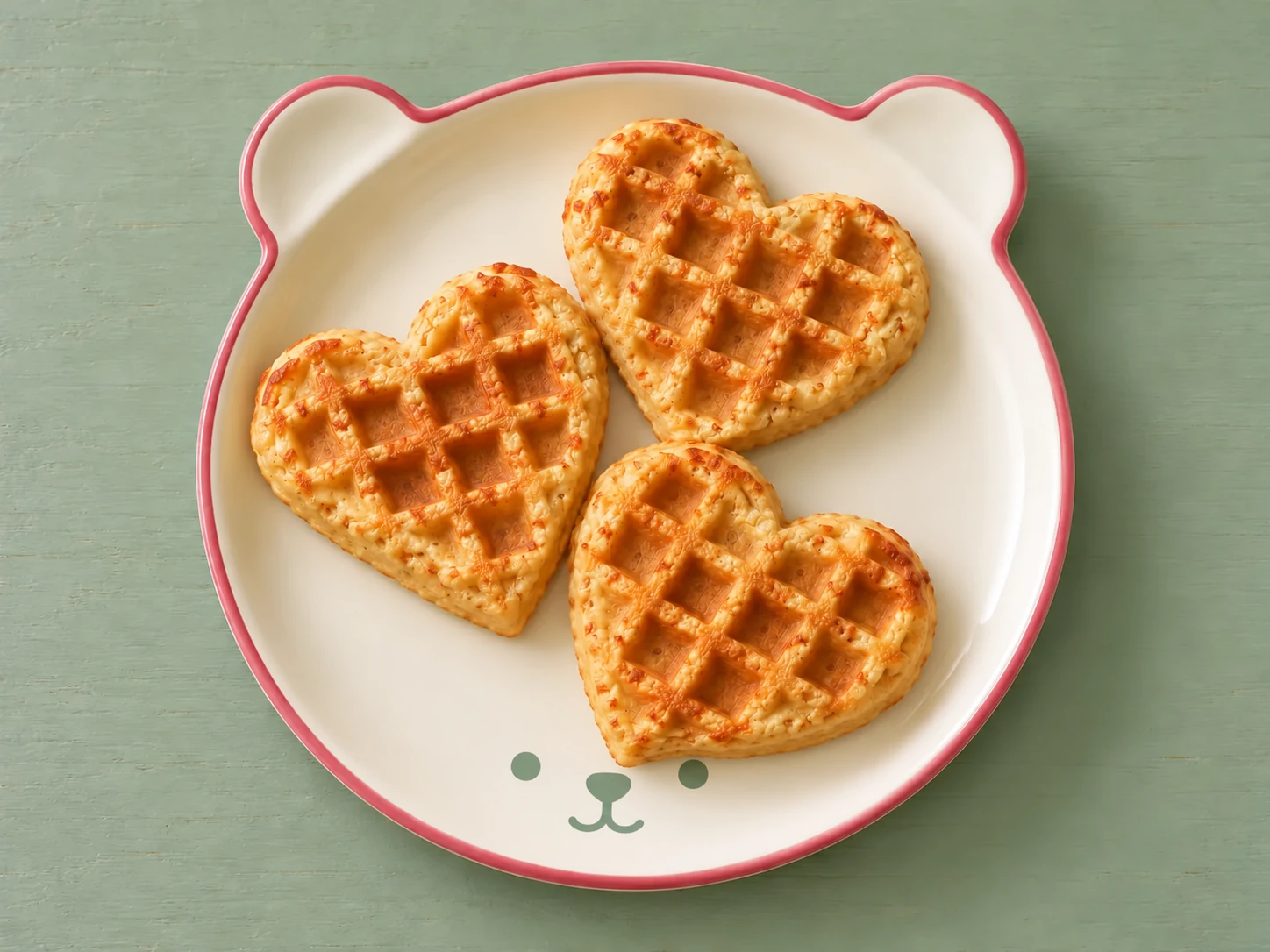 Apfel-Bananen-Waffeln auf cremefarbenem Keramikgeschirr mit himbeerfarbenem Rand auf salbeifarbenem Holz.