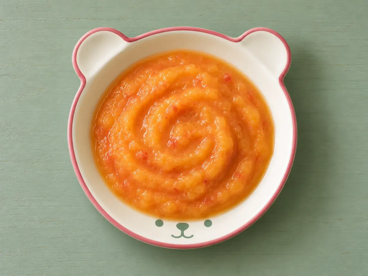 Tomaten-Mango-Mus auf cremefarbenem Keramikgeschirr mit himbeerfarbenem Rand auf salbeifarbenem Holz.