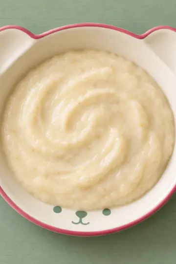 Bananen-Kokos-Creme auf cremefarbenem Keramikgeschirr mit himbeerfarbenem Rand auf salbeifarbenem Holz.