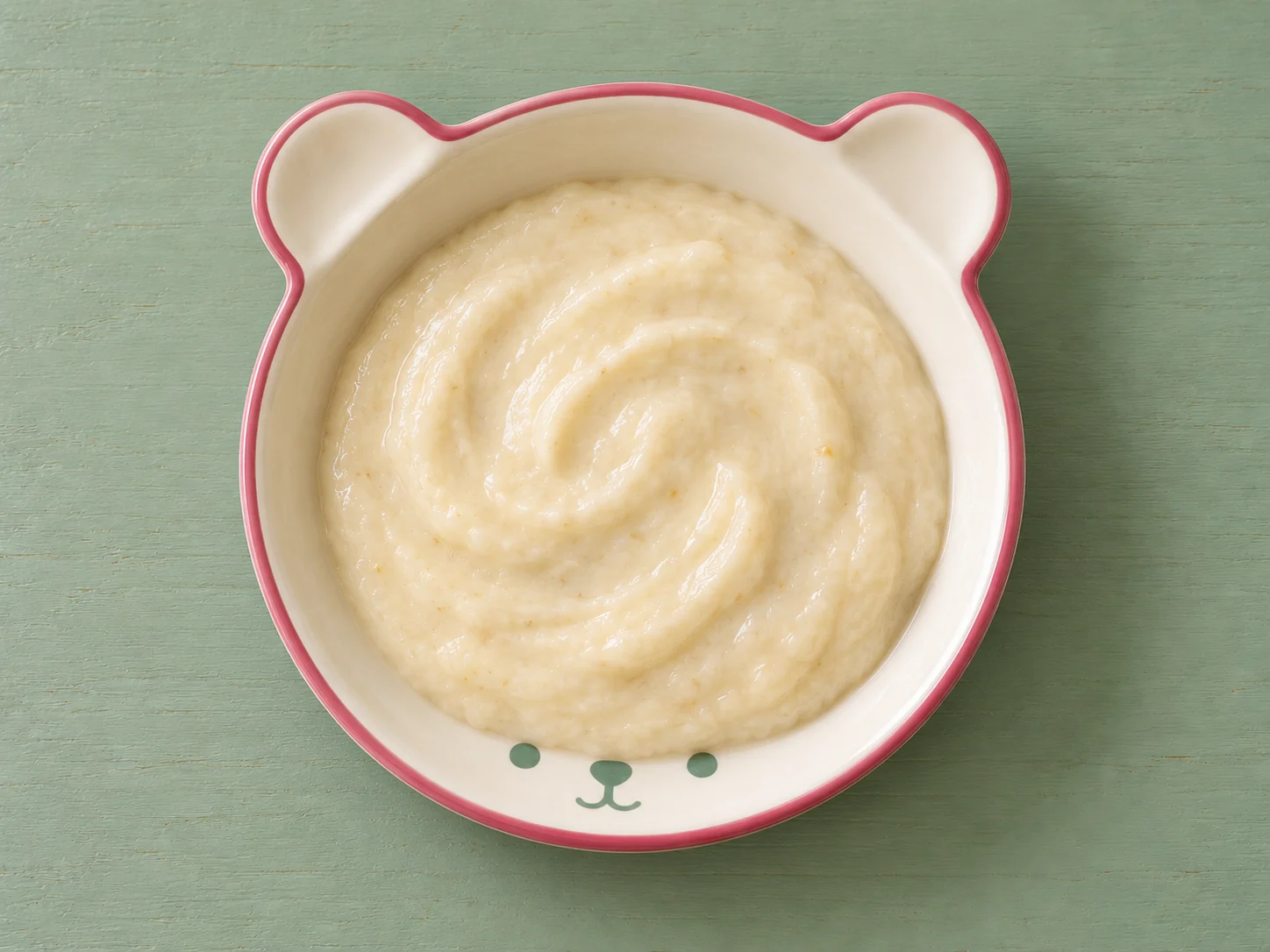 Bananen-Kokos-Creme auf cremefarbenem Keramikgeschirr mit himbeerfarbenem Rand auf salbeifarbenem Holz.