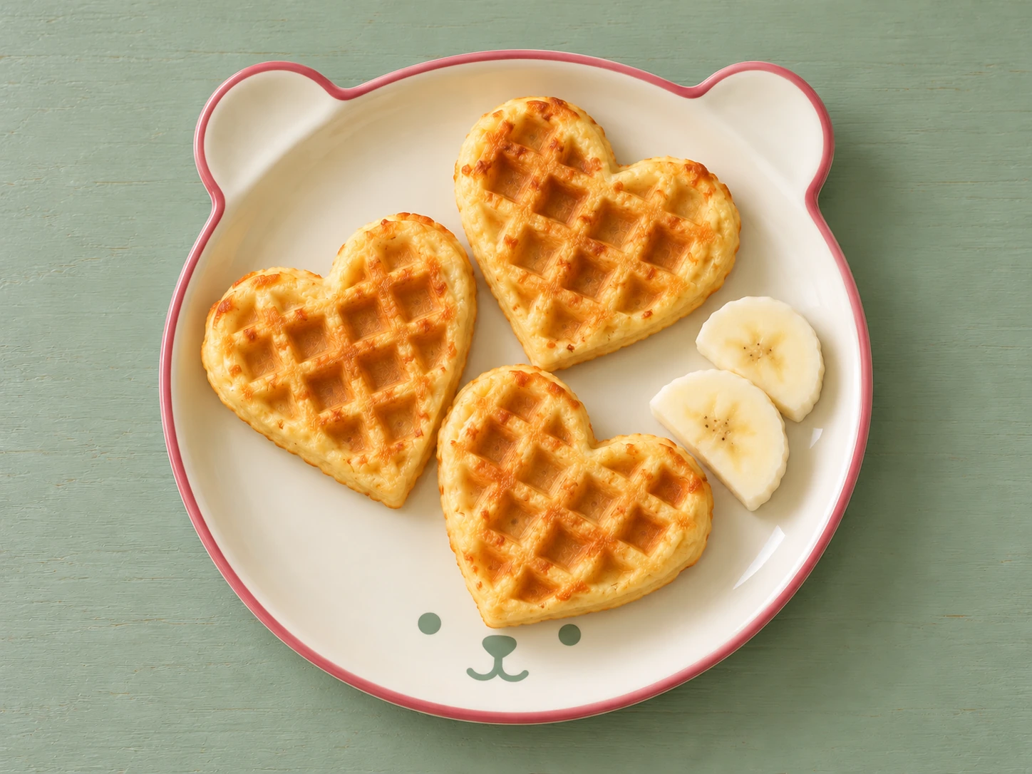 Herzförmige Dinkelwaffeln und Banane auf einem cremefarbenen Bärenteller mit Himbeerrand.