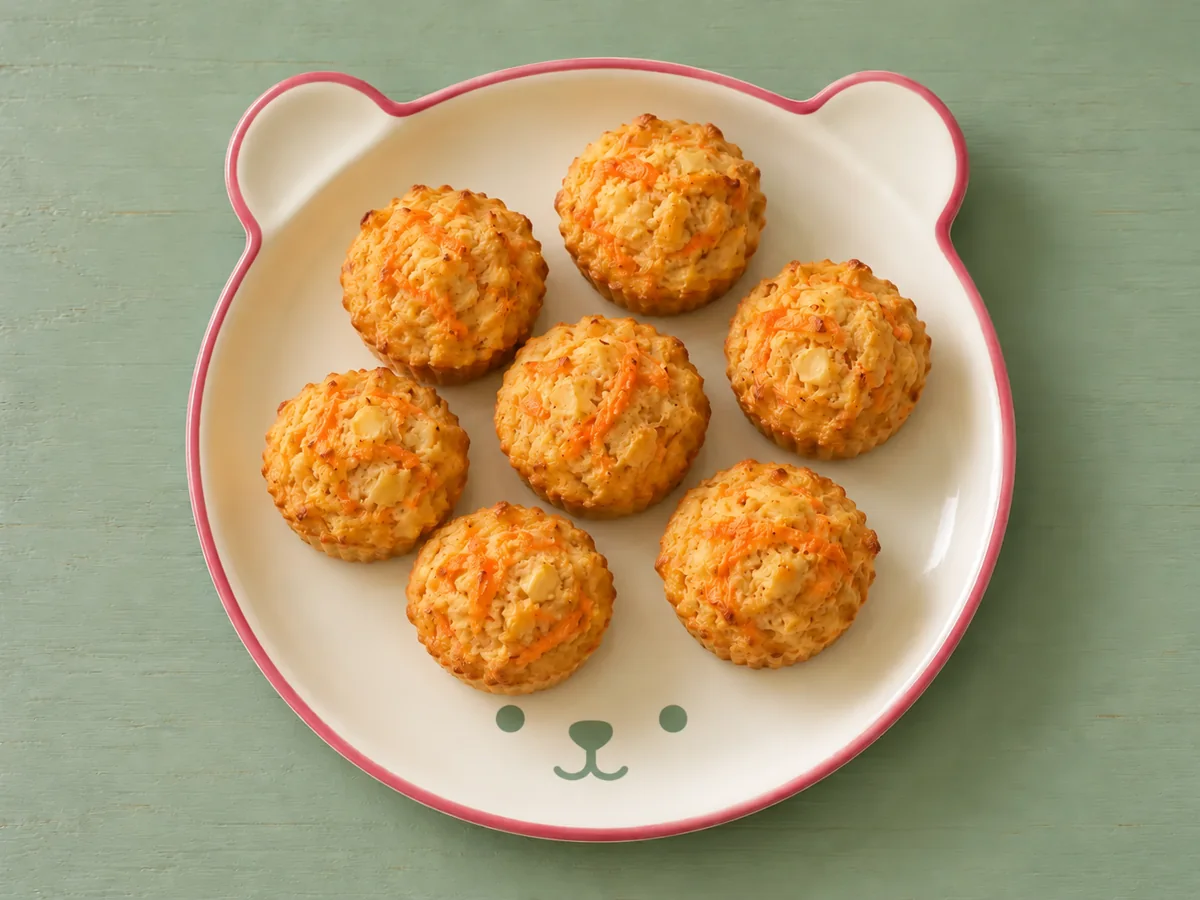 Mini-Muffins mit Apfel und Karotte auf cremefarbenem Keramikgeschirr mit himbeerfarbenem Rand auf salbeifarbenem Holz.