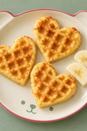 Herzförmige Dinkelwaffeln und Banane auf einem cremefarbenen Bärenteller mit Himbeerrand.