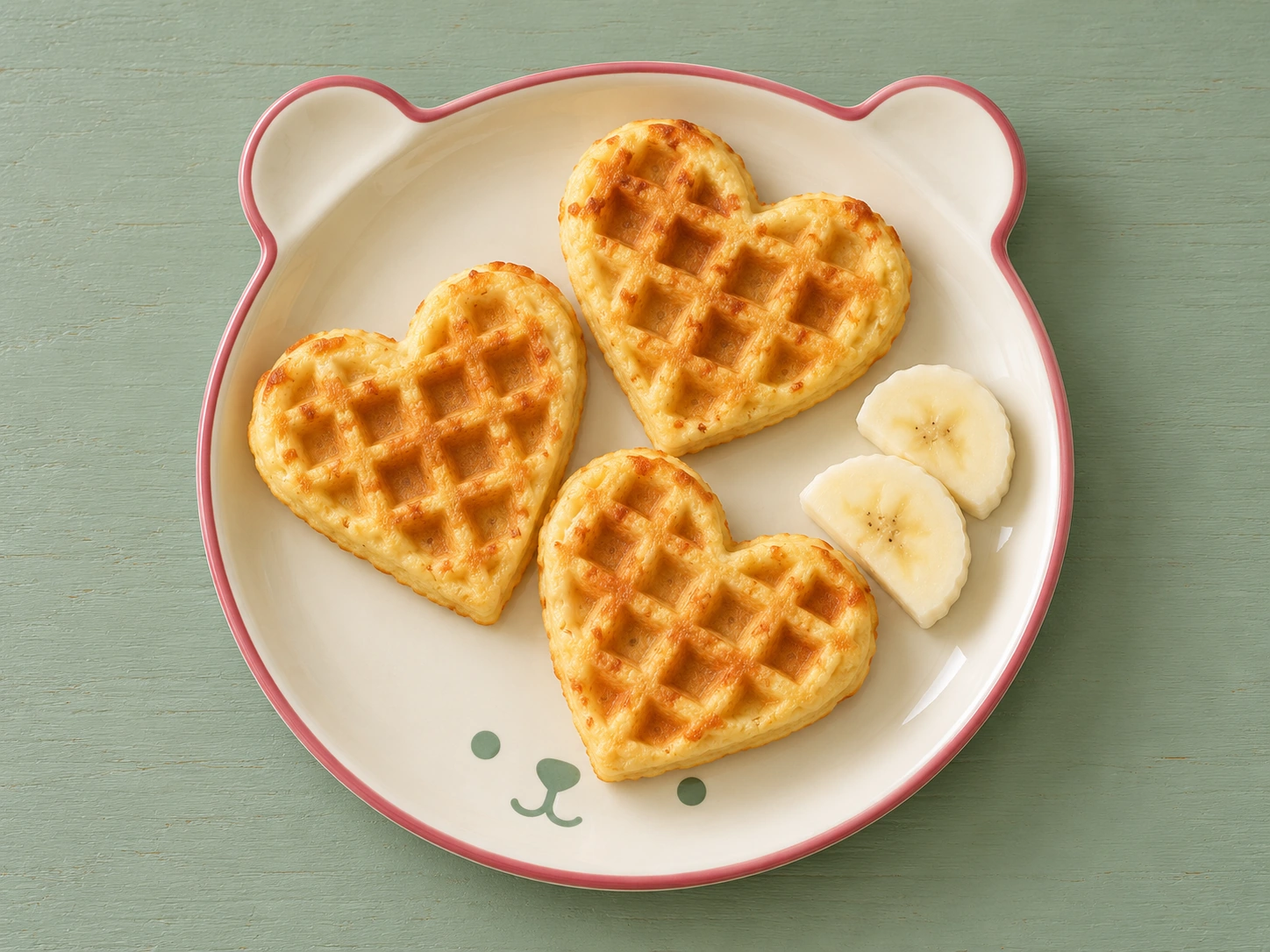 Herzförmige Dinkelwaffeln und Banane auf einem cremefarbenen Bärenteller mit Himbeerrand.
